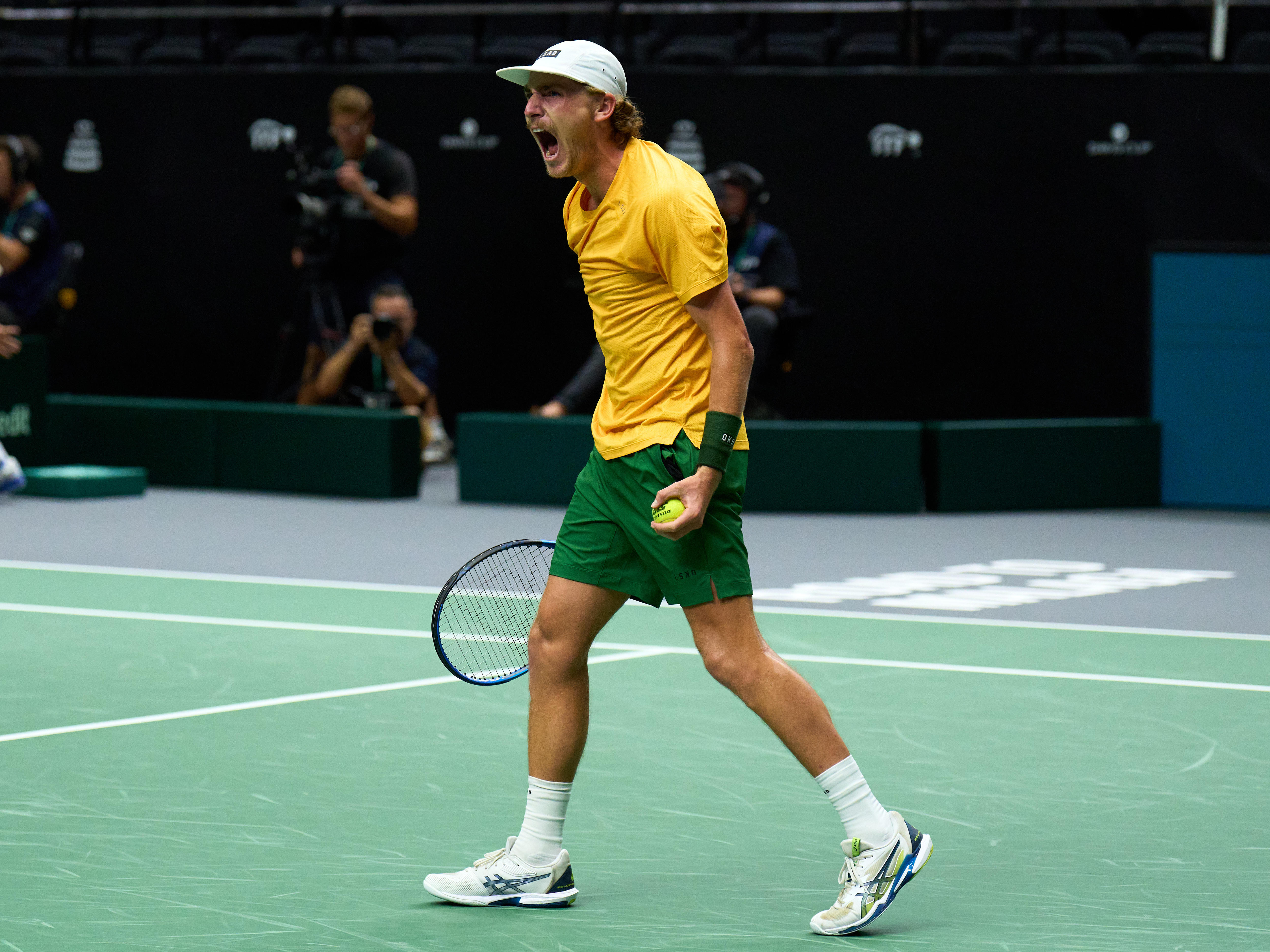 Max Purcell celebrates after winning a point against France