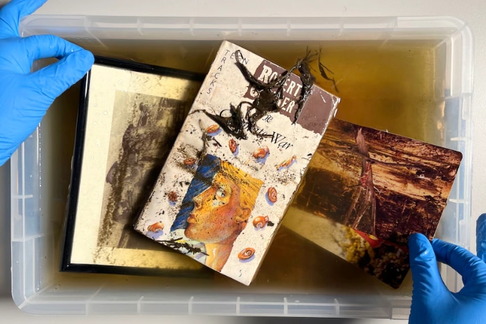 A book, photo and photo frame in a tub of murky water.
