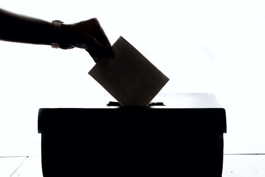 A silhouette of a hand putting a vote in a ballot box.