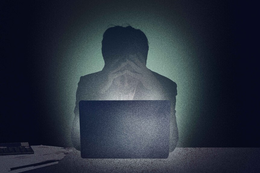 An illustration of a stressed man with both hands raised to forehead sitting at desk in front of a laptop in a dark room.