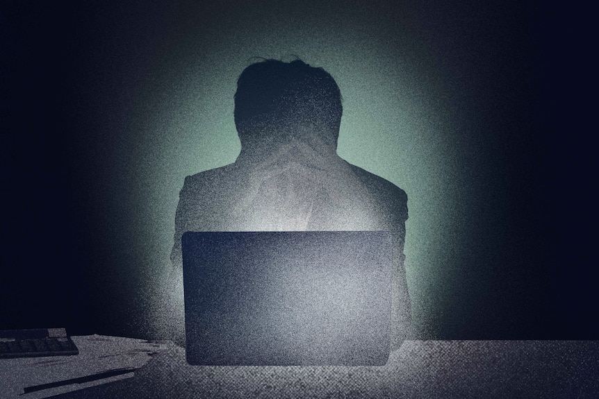 An illustration of a stressed man with both hands raised to forehead sitting at desk in front of a laptop in a dark room.
