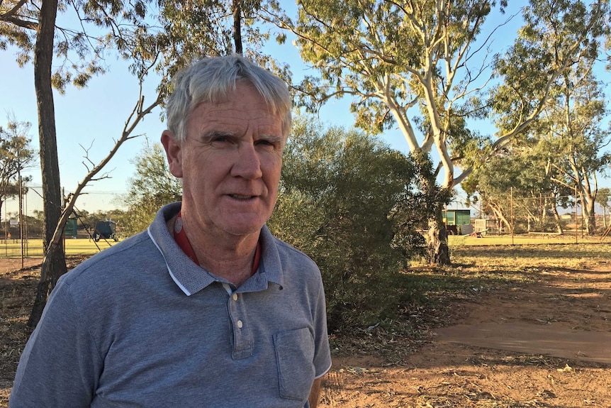 A white man with grey hair and wearing a grey shirt stands in front of a park.