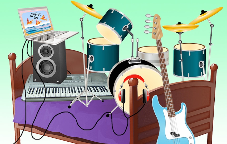 an illustration of drums, keyboard, bass, headphones, speakers, and a laptop piled onto a bed