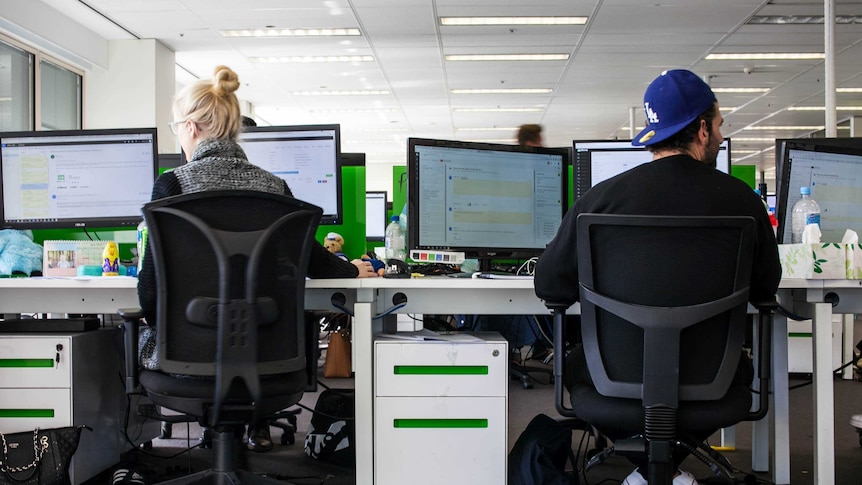 Two workers sit at desks at zipMoney, a Sydney start-up