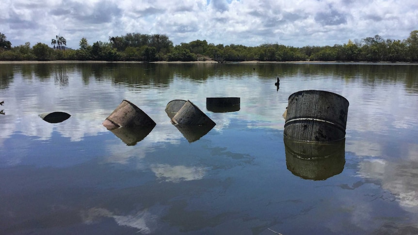 Barrels submerged in a swamp with sand and blue sky in the background.