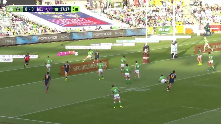 A screengrab of a TV broadcast showing how a rugby league player escapes the in-goal area
