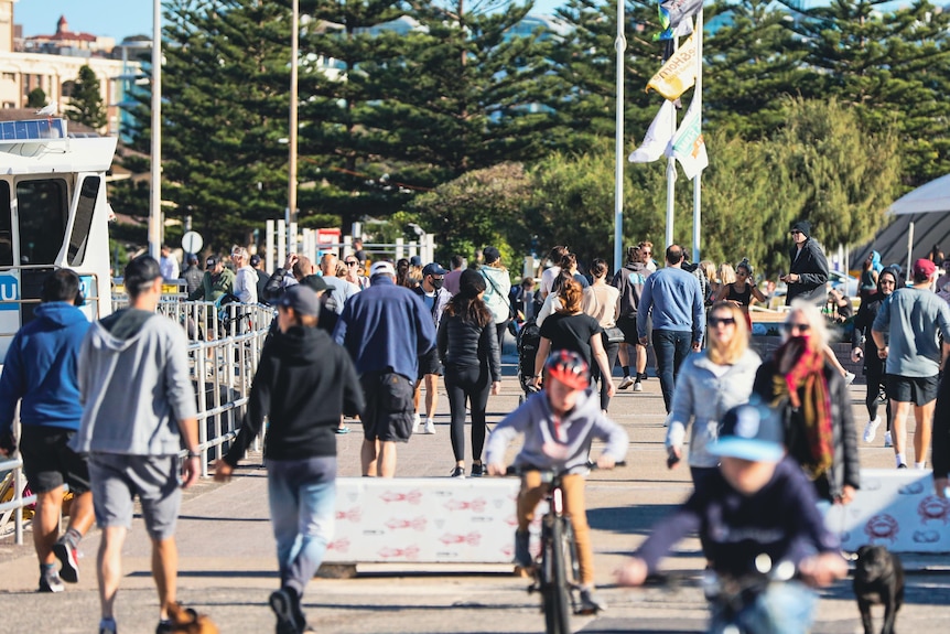 Children on bicycles, men and women walking in a park