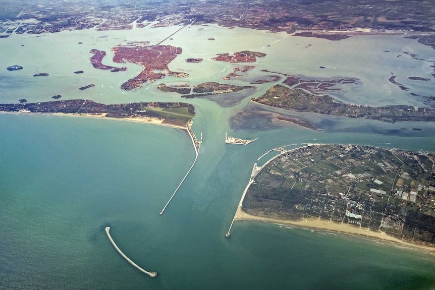 An aerial shot of the Porto di Lido-San Nicolò and the lagoon of Venice.
