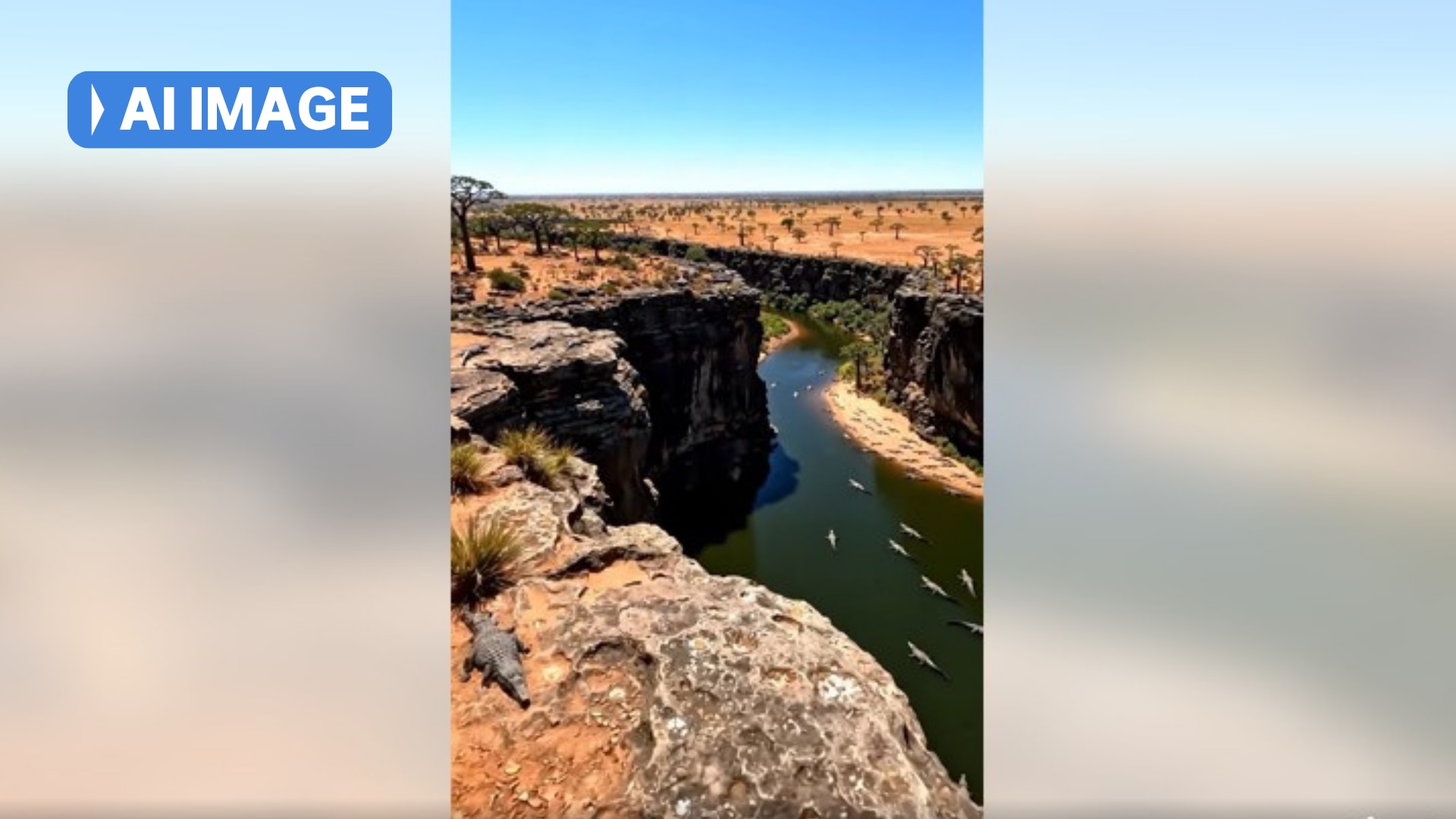 A picture of a crocodile on a rocky cliff over a waterway.