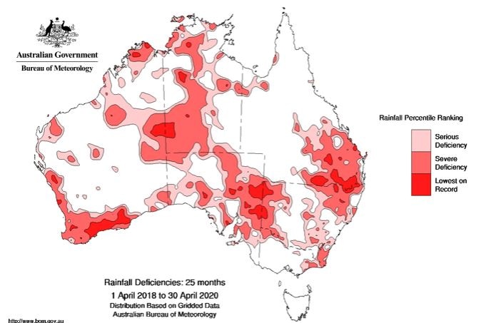 A map of Australia denoting rainfall deficiencies over the last 25 months.