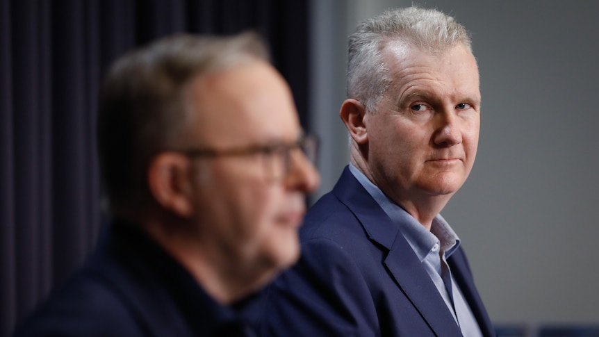 Tony Burke in focus standing next to Anthony Albanese out of focus
