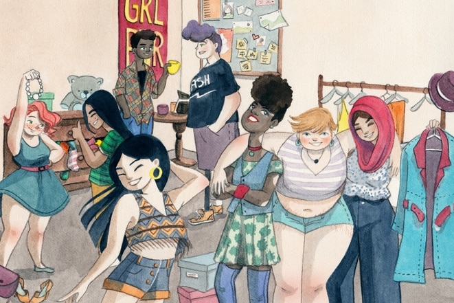 Illustration by Carol Rossetti of seven women with diverse backgrounds and bodies