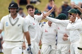 Australian team members congratulate Mitchell Marsh after taking the wicket of Corey Anderson