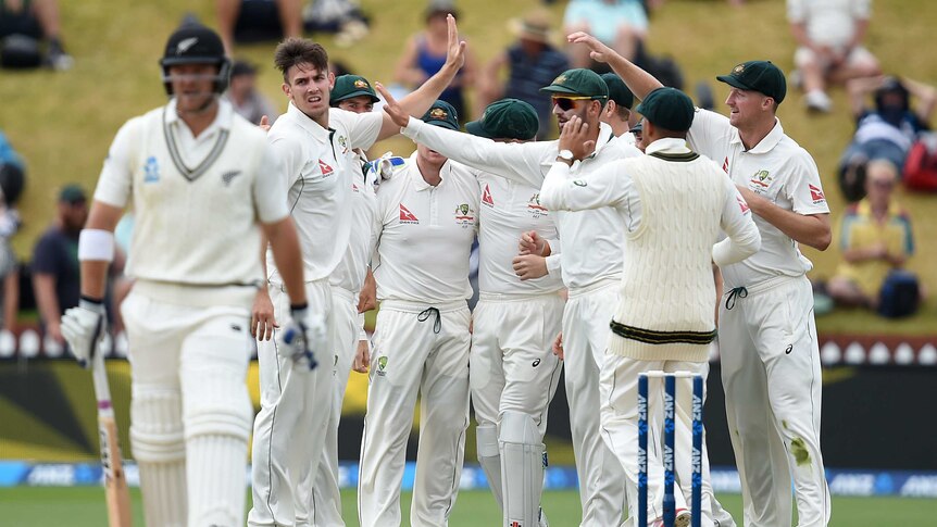 Australian team members congratulate Mitchell Marsh after taking the wicket of Corey Anderson