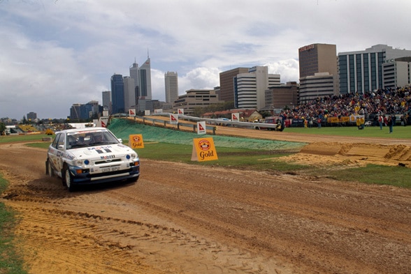 A car on racing track during Rally Australia in Langley Park, Perth in 1993