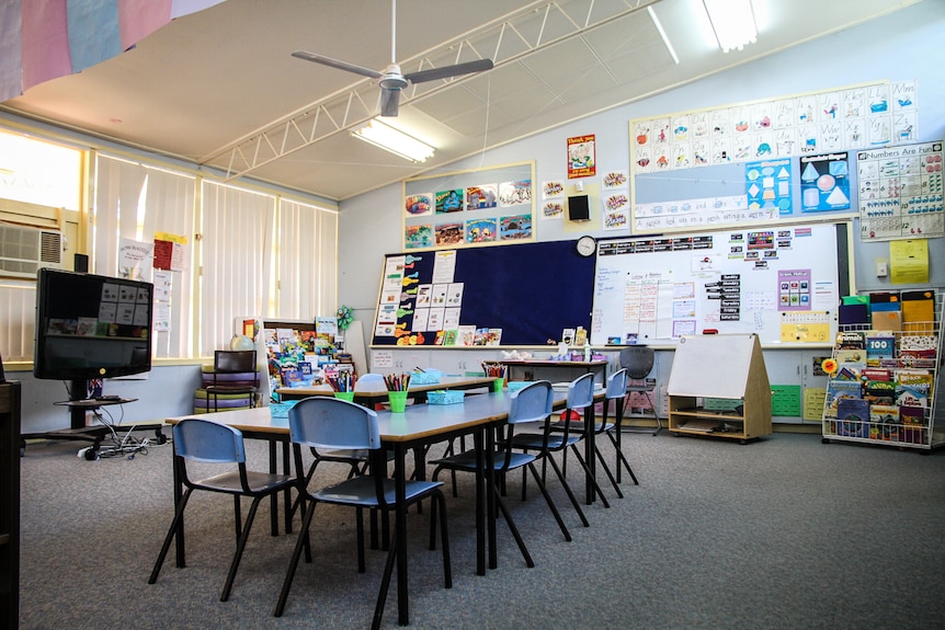 An empty classroom without students.