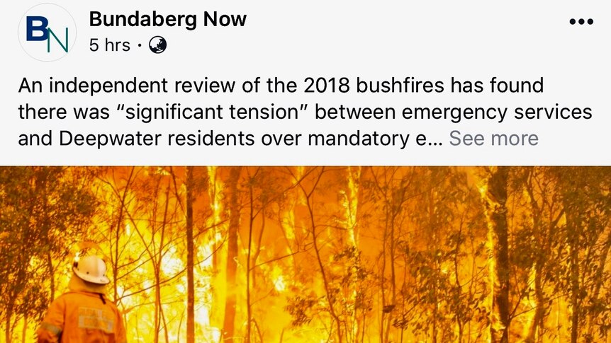 A screenshot of an article by Bundaberg Now about the Bushfire review published on Facebook.