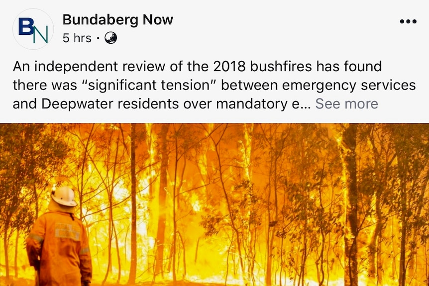 A screenshot of an article by Bundaberg Now about the Bushfire review published on Facebook.