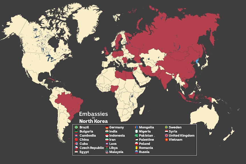 A world map with 25 countries who still maintain diplomatic relations with North Korea highlighted in red