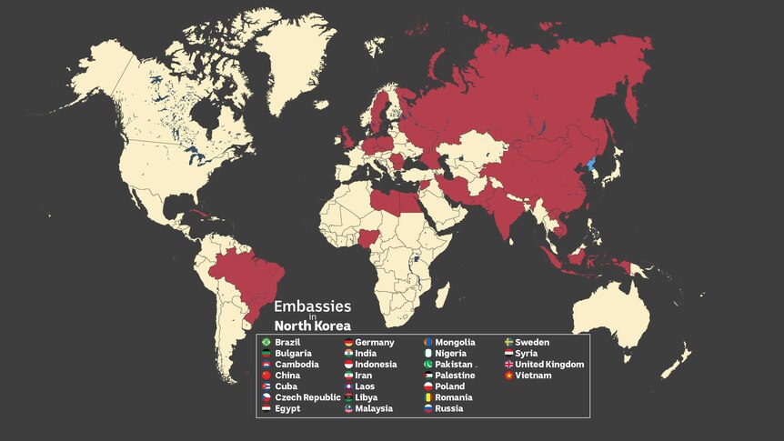 A world map with 25 countries who still maintain diplomatic relations with North Korea highlighted in red