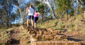 Two people walking up Mt Ainslie stairs Canberra.