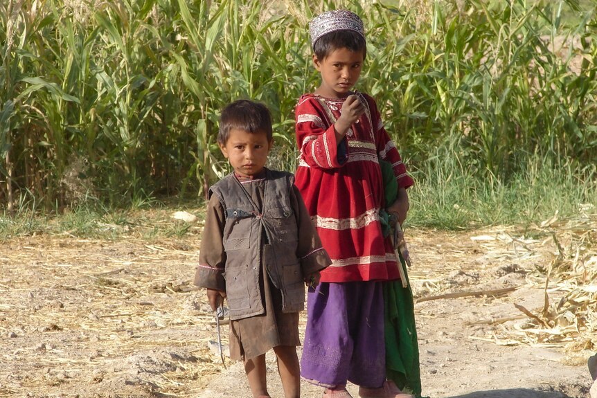 Two children wearing traditional dress stand near a field.