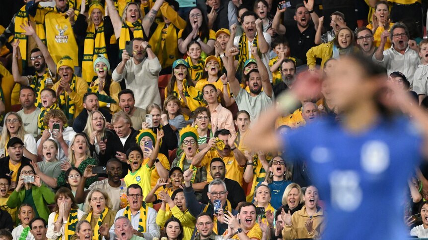 A crowd of sport spectators in green and gold cheer for joy, behind an out-of-focus soccer player in a blue jersey