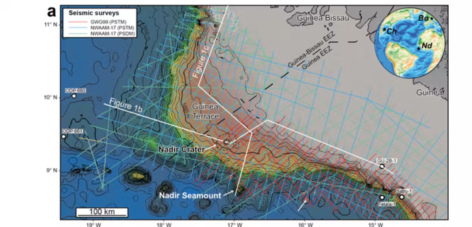 A seismic drawing of the Nadir crater, to the west of Africa