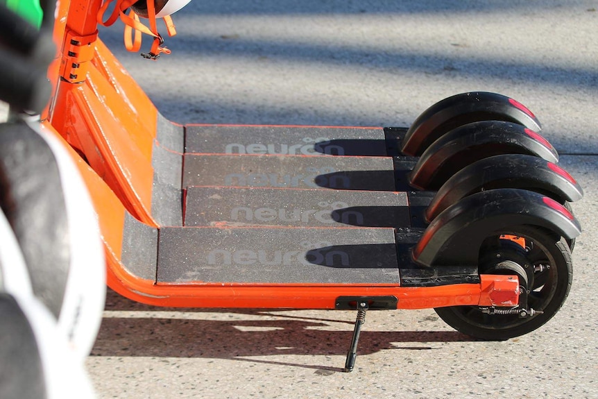 A line of Neuron e-scooters parked on a path. You can just see the bases and motor area, not the uprights.