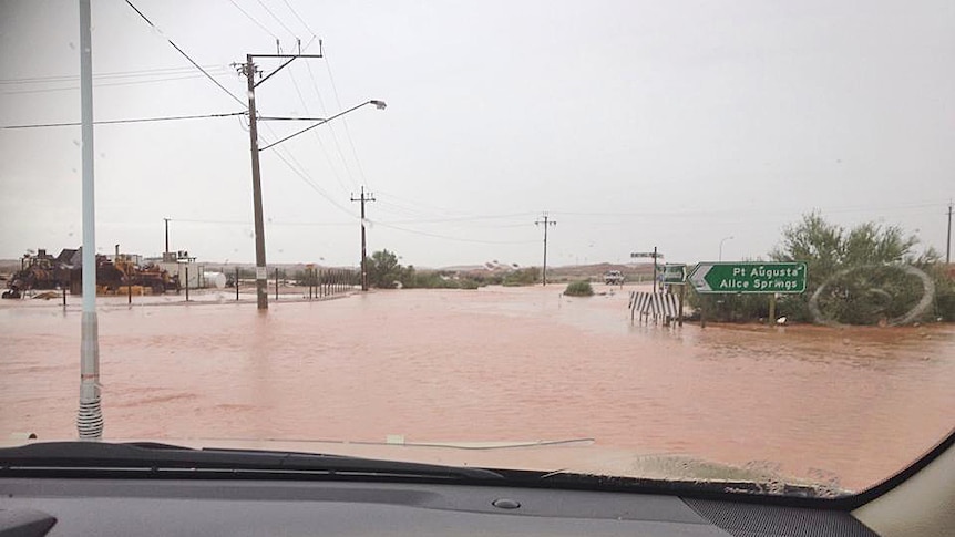 Roads are under water in the Coober Pedy area after heavy rain.