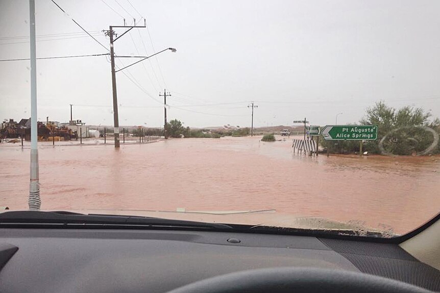 Roads are under water in the Coober Pedy area after heavy rain.