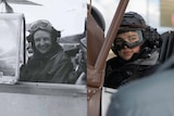 A composite image of a photo of Brenda Hean, and a young woman in a Tiger Moth plane.