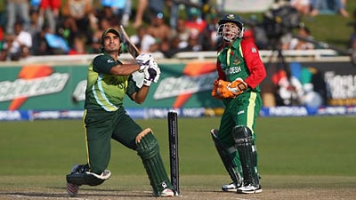 Imran Nazir of Pakistan hits out against Bangladesh in their Super Eights match at the world Twenty20 championships in Cape t...