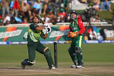 Imran Nazir of Pakistan hits out against Bangladesh in their Super Eights match at the world Twenty20 championships in Cape t...