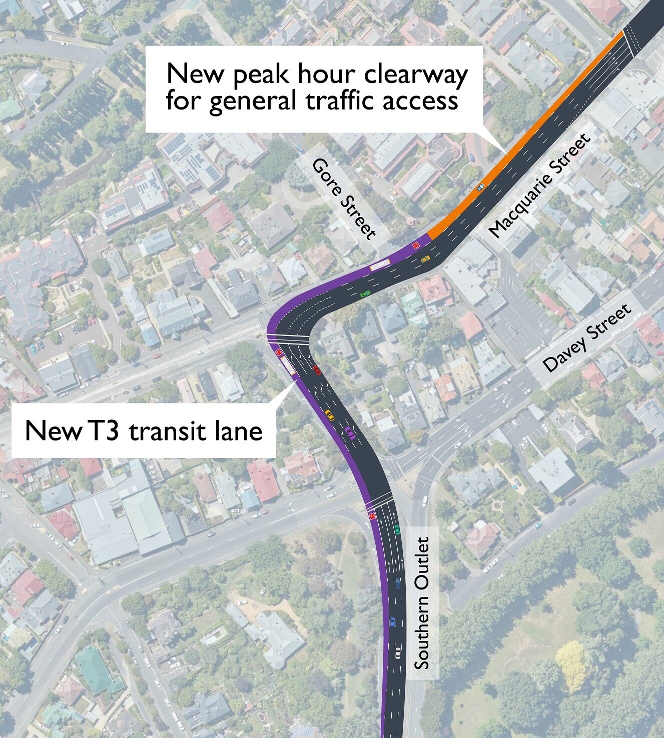 The concept design showing the T3 lane on the Southern Outlet down to Macquarie Street.