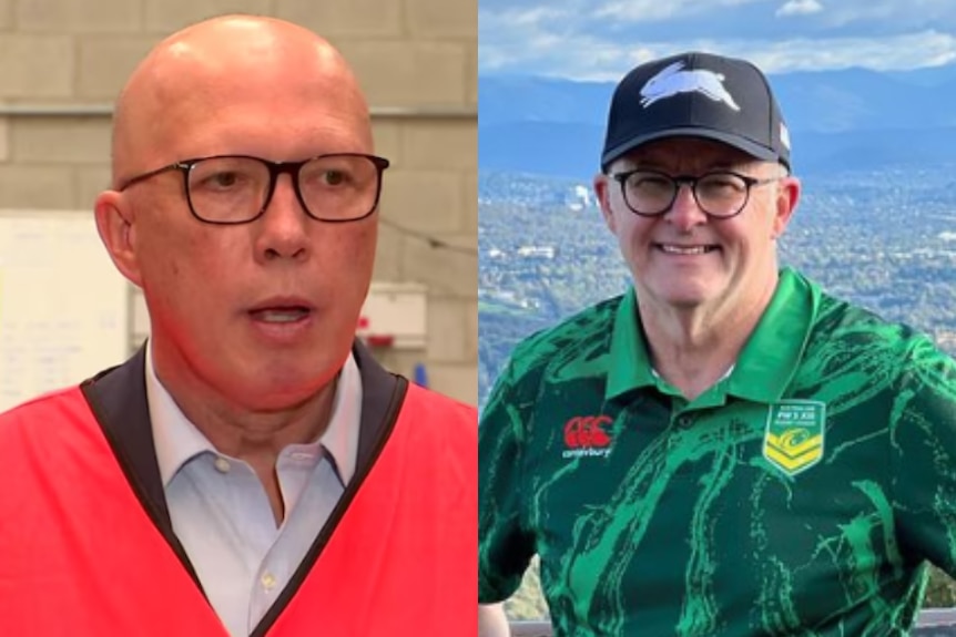 A composite image showing Peter Dutton in a high-vis vest and Anthony Albanese in a rugby jersey. 