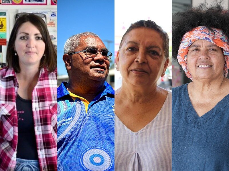 A composite image of three women and a man.