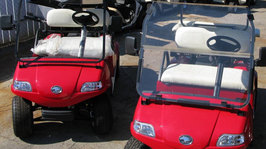 A generic photo of two solar-powered golf buggies.