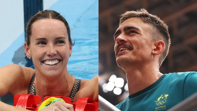 A blonde woman in a pool next to a brunette man wearing a green shirt