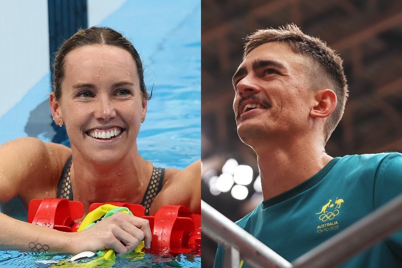 A blonde woman in a pool next to a brunette man wearing a green shirt