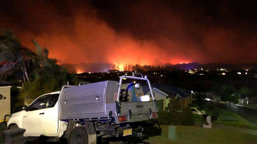 The red glow of a bushfire silhouettes a line of trees close to a block of suburban homes.