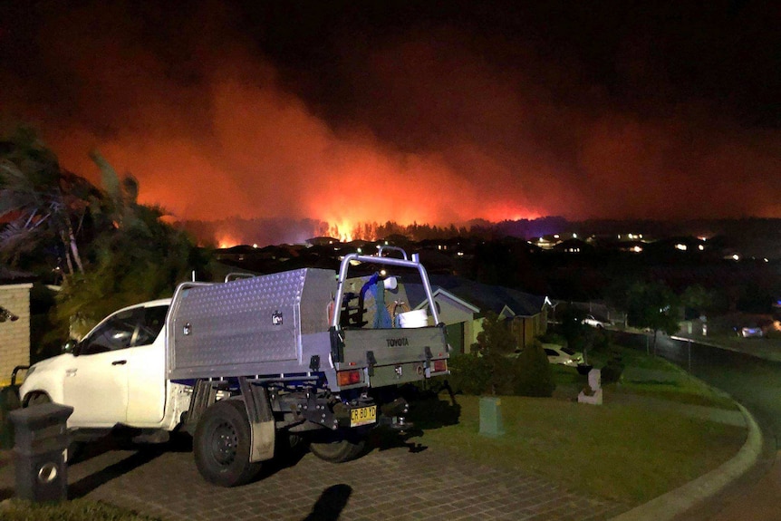 The red glow of a bushfire silhouettes a line of trees close to a block of suburban homes.