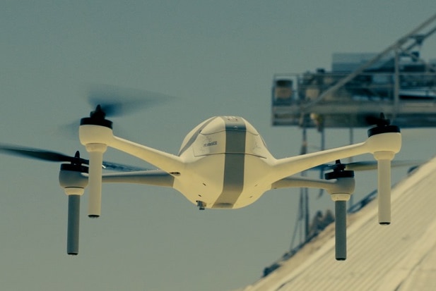 A drone, used in the mining industry, in flight