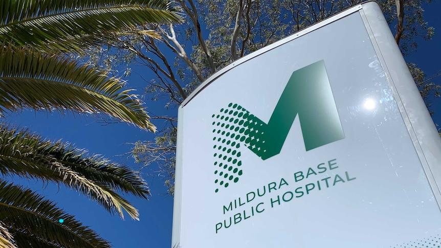 a Mildura Base Hospital sign with a blue sky and a palm tree in the background