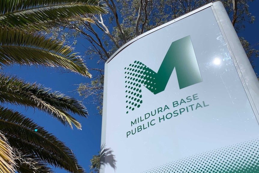 A Mildura Base Hospital sign with a blue sky and a palm tree in the background.