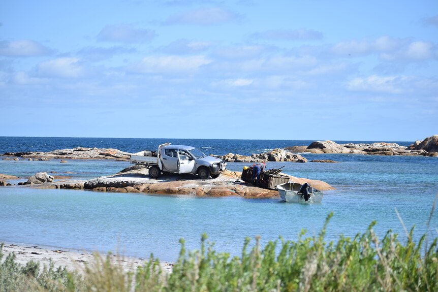 A man emptying a large squarish craypot on a rocky outcrop in a crystal blue bay. A dog sits in a ute nearby.