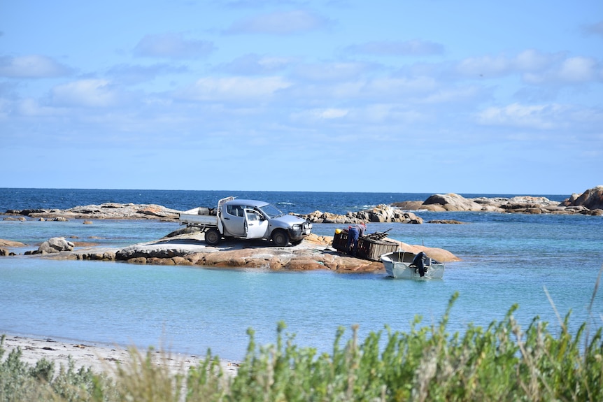 A man emptying a large squarish craypot on a rocky outcrop in a crystal blue bay. A dog sits in a ute nearby.