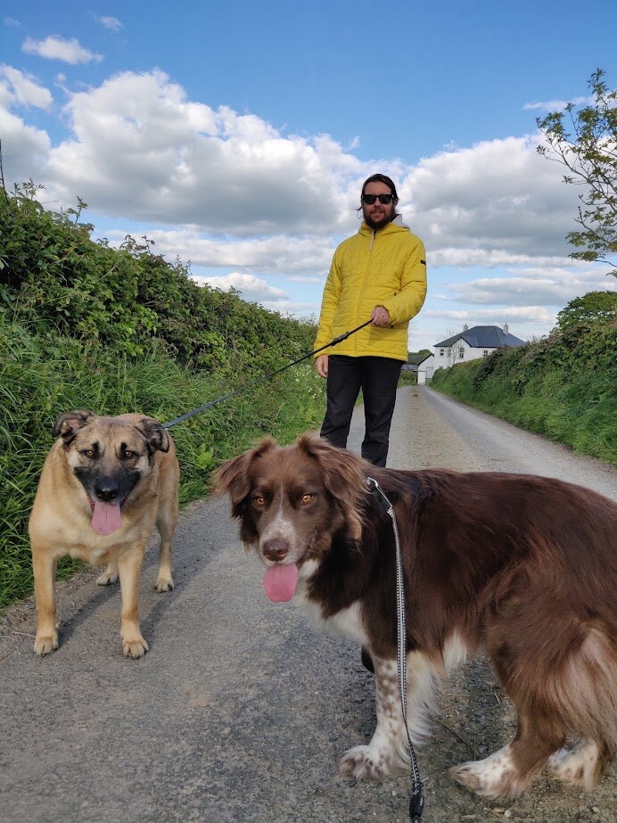 A man wearing a yellow jacket walking two fluffy dogs