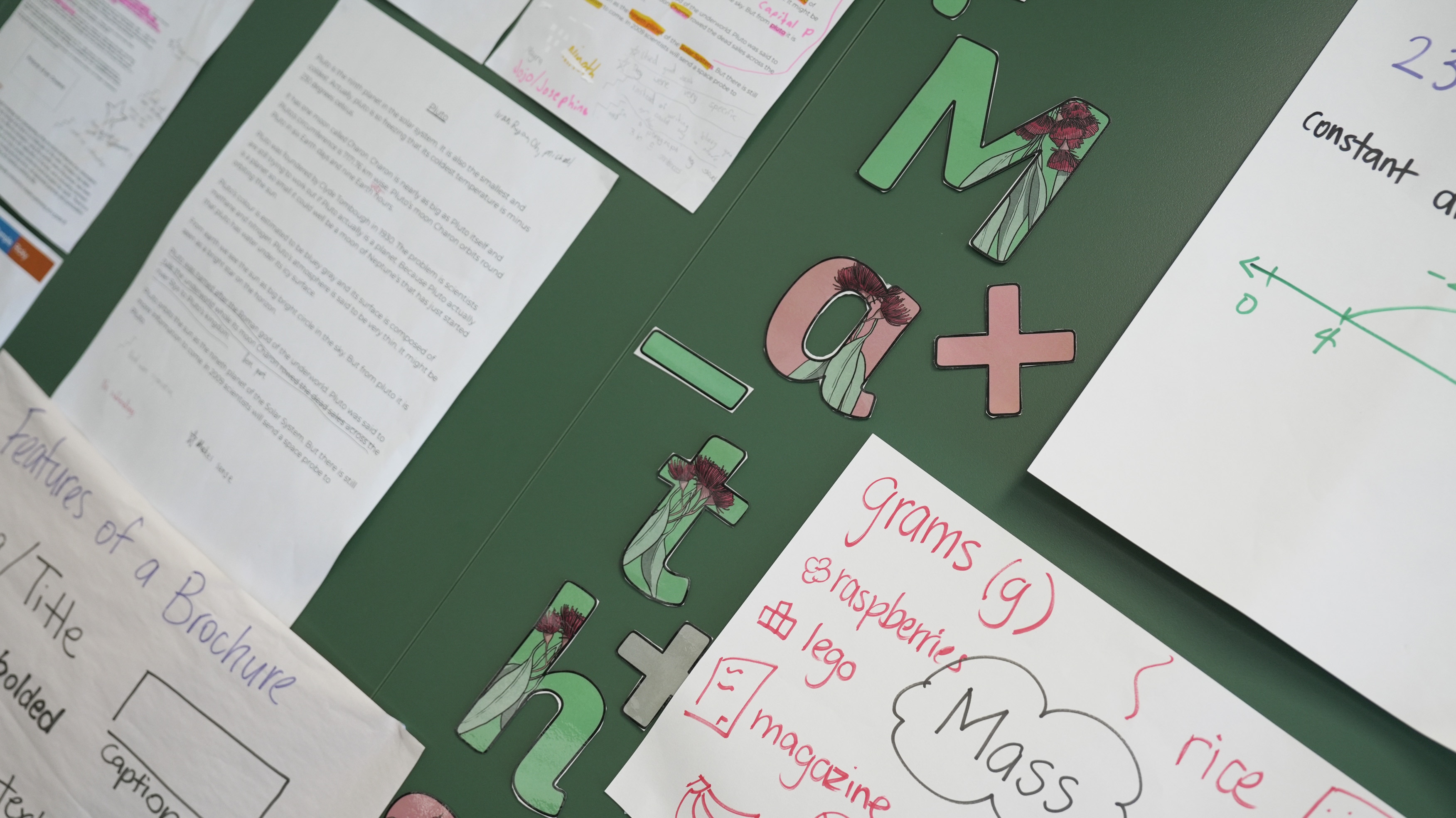 A green board with the letters maths and some symbols with work hung up.