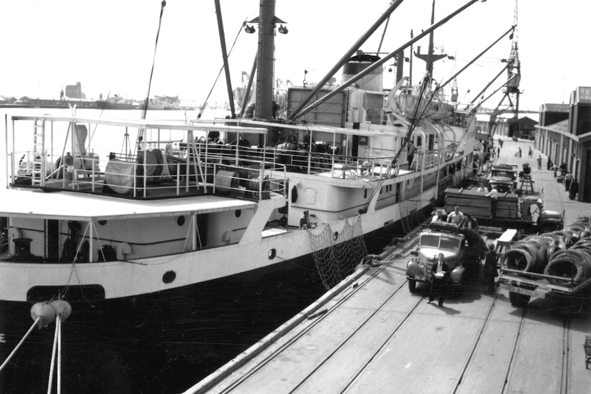 Unloading cargo off state ship MV Koojarra at Fremantle, 1956